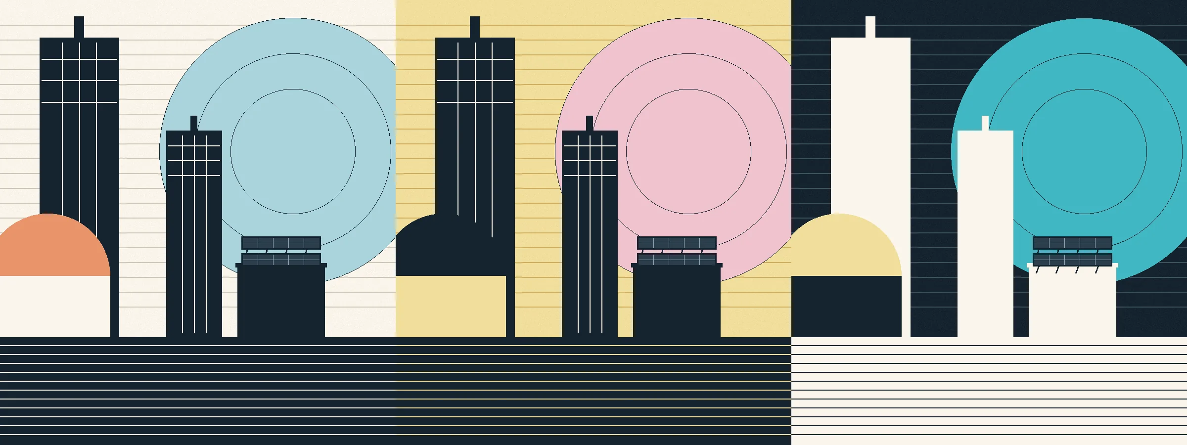 Three-panel illustration repeating one deco skyline with rooftop solar panels in plaster, butter, and deep teal tones