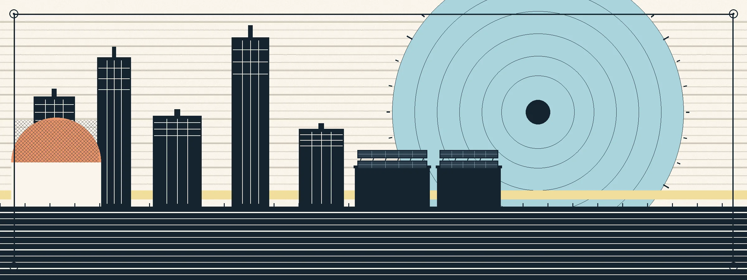 Illustration of concentric pastel storm-eye rings over a deco coastal skyline with rooftop solar panels and a half-set sun on the horizon