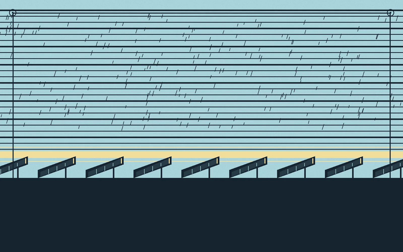 Illustration of tilted rooftop solar panels in silhouette under banded storm clouds, catching a low slit of warm light